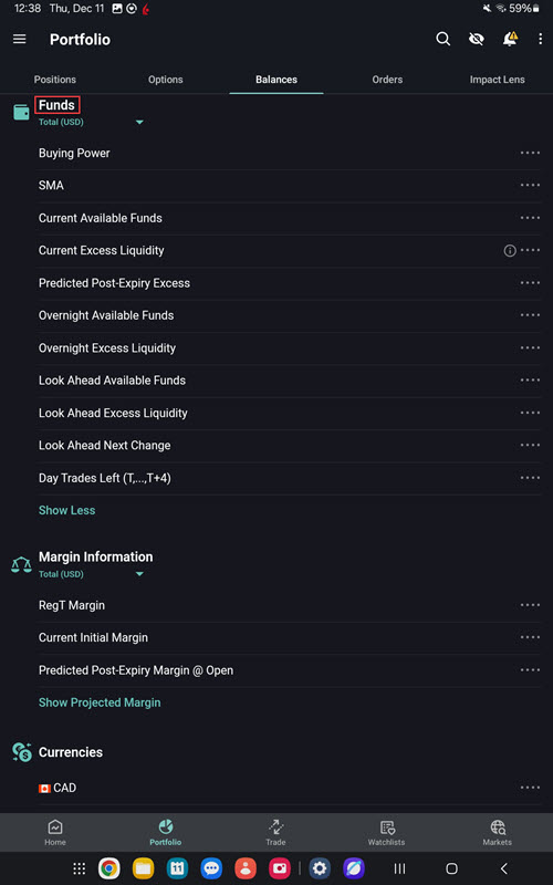 The funds detail on the Android Tablet